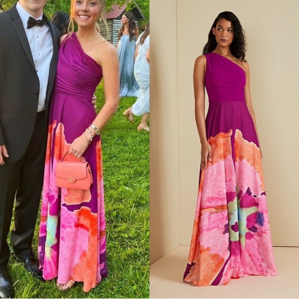AMUR Atlas One Shoulder Gown in Sangria Flower 6 NWOT - Picture 3 of 13